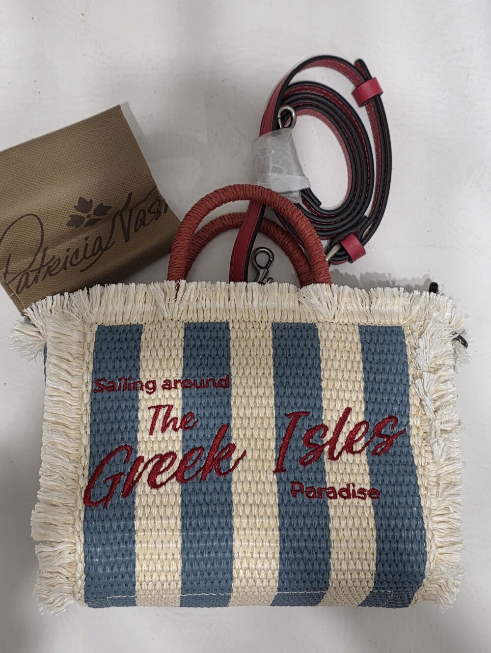 Patricia Nash Greek Isles Stylish Blue and Cream Straw Tote or Crossbody - Picture 5 of 5